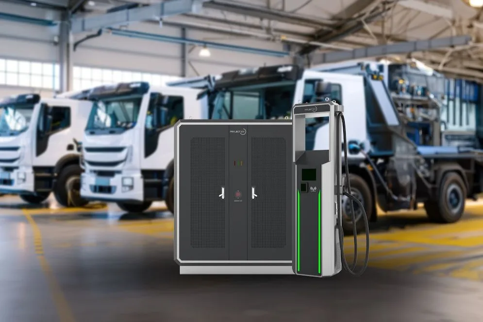 High-power eHGV charger unit in a commercial depot